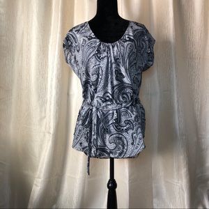 Black & Grey tie waist blouse